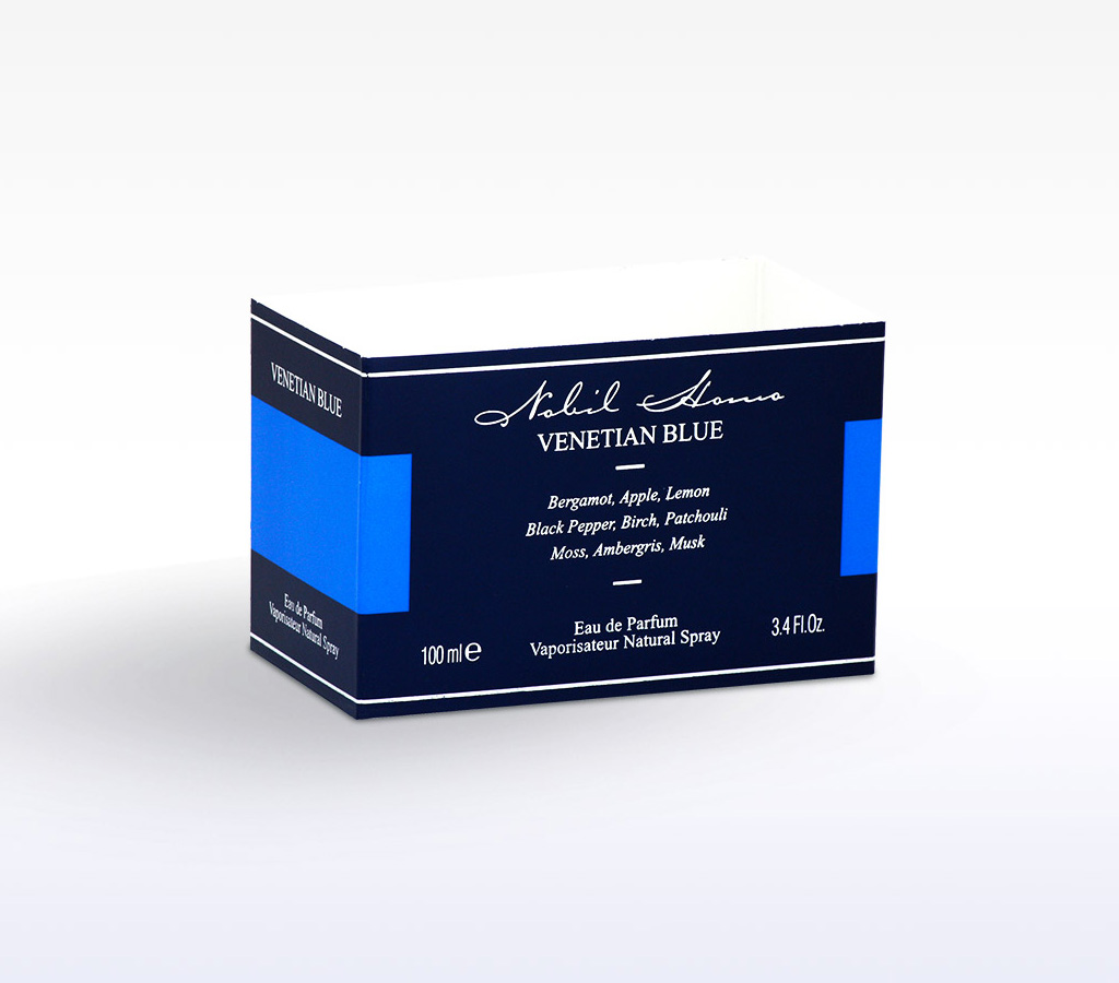 fascia per scatola di profumo - sfondo blu scritta bianca