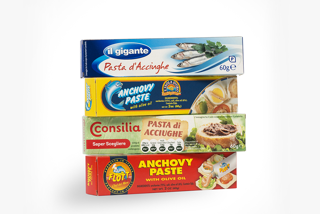 Scatole alimentari personalizzate: pasta di acciughe