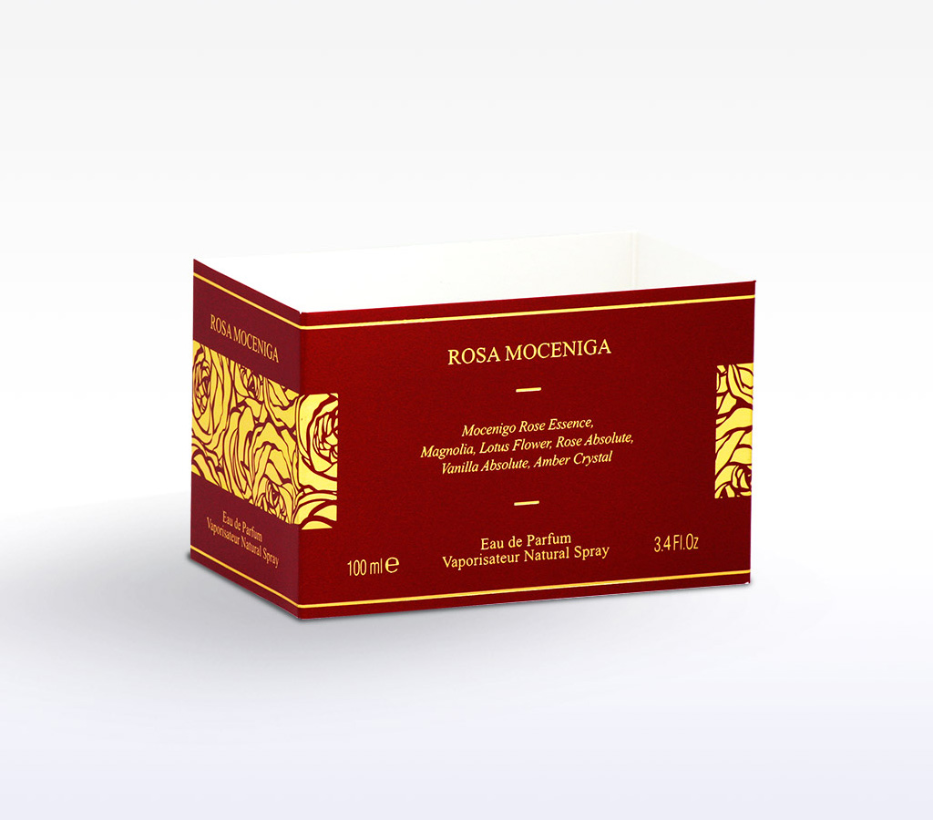 fascia per scatola di profumo - sfondo rosso scritta dorata